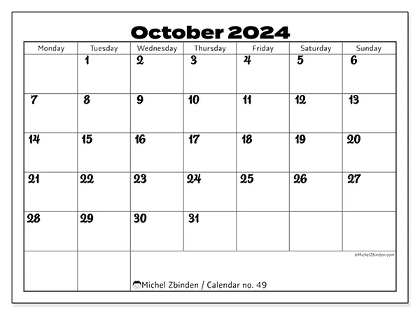 Free printable calendar no. 49 for October 2024. Week: Monday to Sunday.