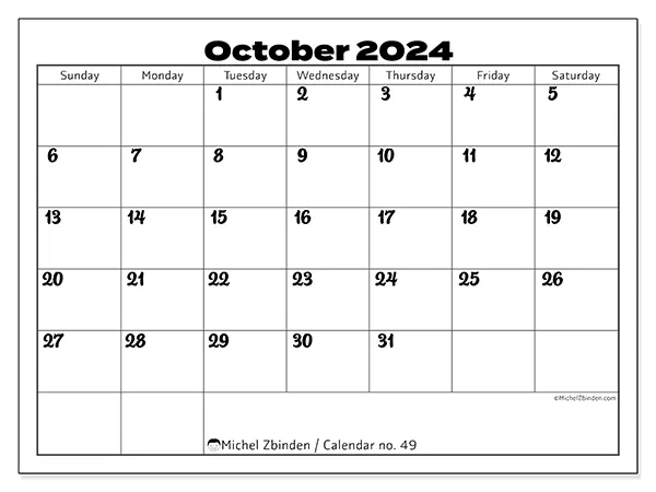 Free printable calendar no. 49 for October 2024. Week: Sunday to Saturday.