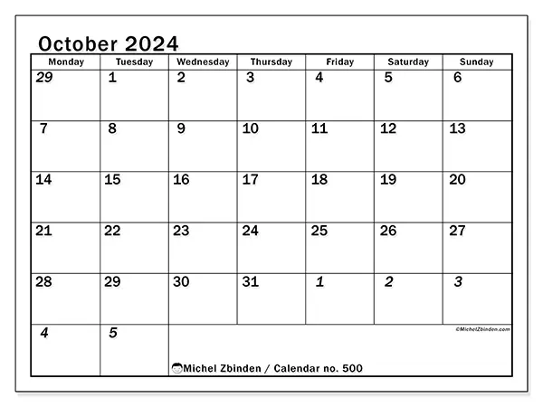Free printable calendar no. 500 for October 2024. Week: Monday to Sunday.