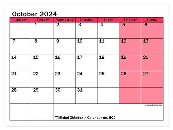 Free printable calendar no. 502 for October 2024. Week: Monday to Sunday.