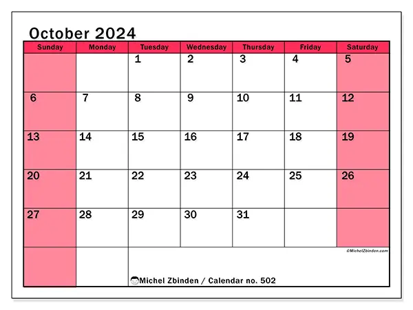 Free printable calendar no. 502 for October 2024. Week: Sunday to Saturday.