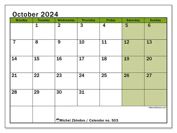 Free printable calendar no. 503 for October 2024. Week: Monday to Sunday.