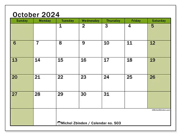 Free printable calendar no. 503 for October 2024. Week: Sunday to Saturday.