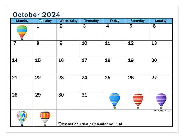 Free printable calendar no. 504 for October 2024. Week: Monday to Sunday.