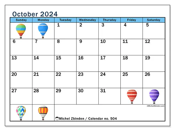 Free printable calendar no. 504 for October 2024. Week: Sunday to Saturday.