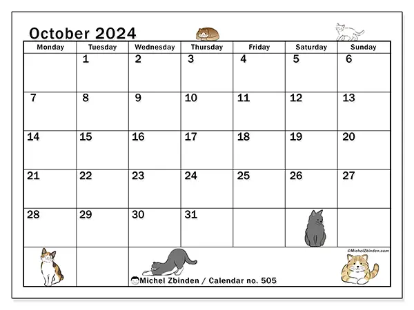 Free printable calendar no. 505 for October 2024. Week: Monday to Sunday.