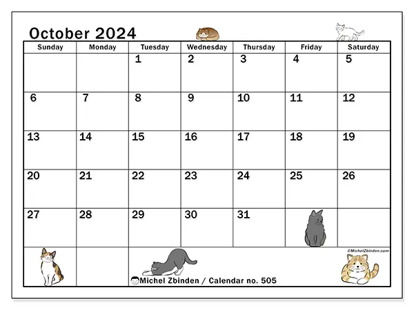 Free printable calendar no. 505 for October 2024. Week: Sunday to Saturday.