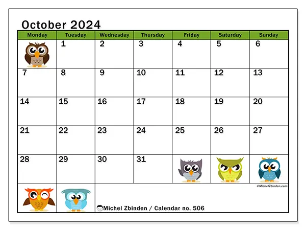 Free printable calendar no. 506 for October 2024. Week: Monday to Sunday.