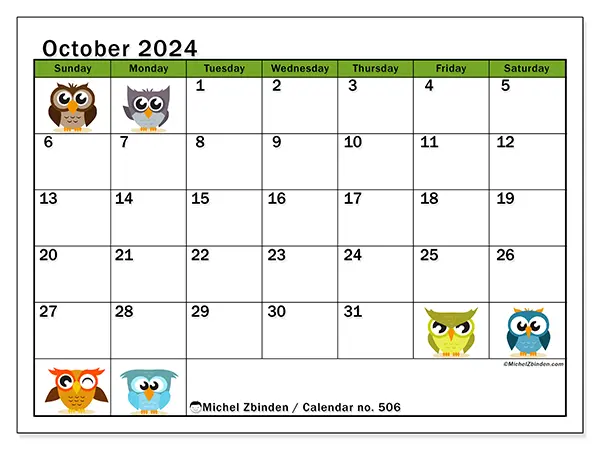 Free printable calendar no. 506 for October 2024. Week: Sunday to Saturday.