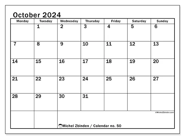 Free printable calendar no. 50 for October 2024. Week: Monday to Sunday.