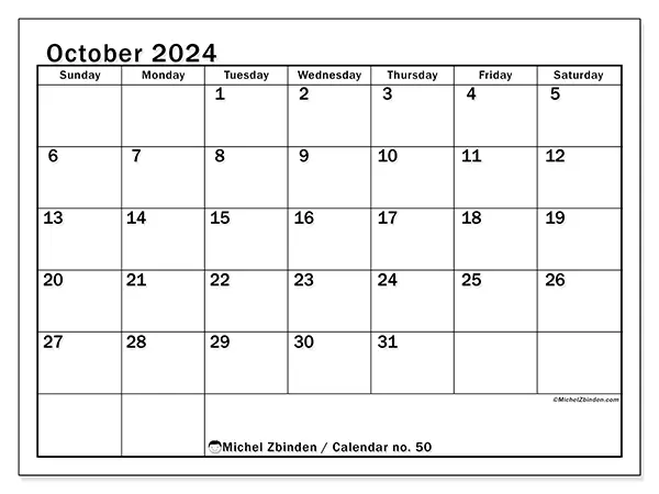 Free printable calendar no. 50 for October 2024. Week: Sunday to Saturday.