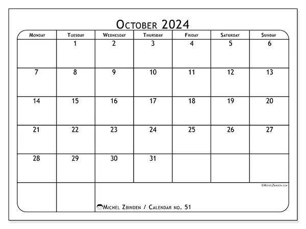 Free printable calendar no. 51 for October 2024. Week: Monday to Sunday.