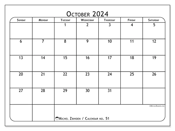 Free printable calendar no. 51 for October 2024. Week: Sunday to Saturday.