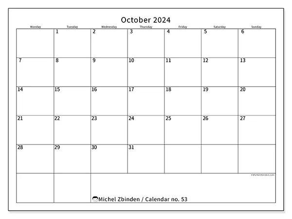 Free printable calendar no. 53 for October 2024. Week: Monday to Sunday.