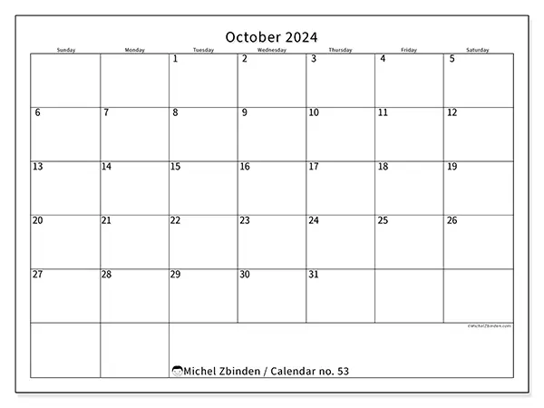 Free printable calendar no. 53 for October 2024. Week: Sunday to Saturday.