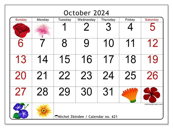 Free printable calendar no. 621 for October 2024. Week: Sunday to Saturday.
