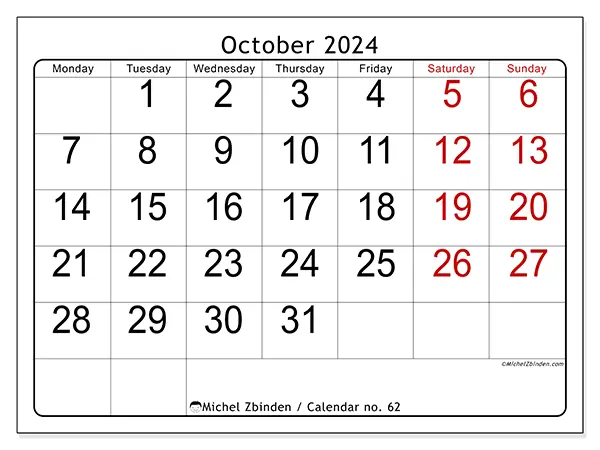 Free printable calendar no. 62 for October 2024. Week: Monday to Sunday.