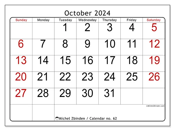 Free printable calendar no. 62 for October 2024. Week: Sunday to Saturday.