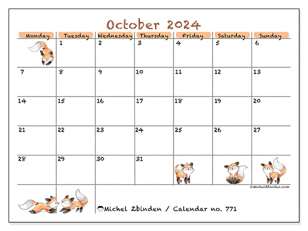 Free printable calendar no. 771 for October 2024. Week: Monday to Sunday.