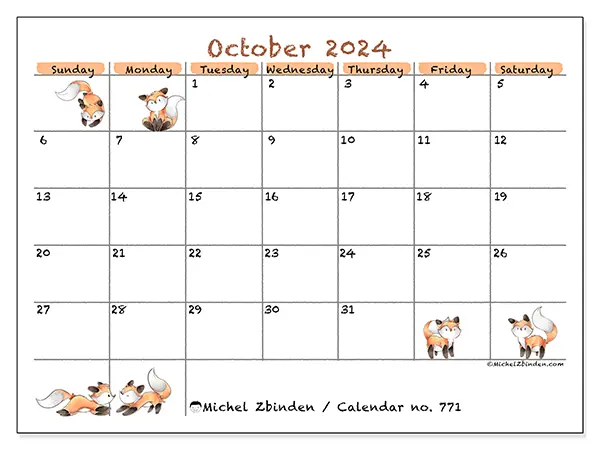 Free printable calendar no. 771 for October 2024. Week: Sunday to Saturday.