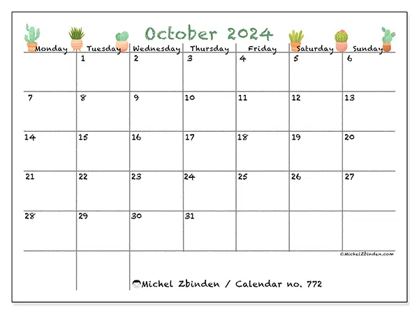 Free printable calendar no. 772 for October 2024. Week: Monday to Sunday.