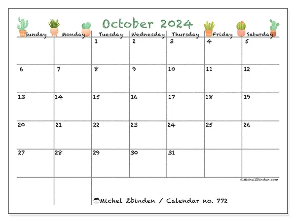 Free printable calendar no. 772 for October 2024. Week: Sunday to Saturday.