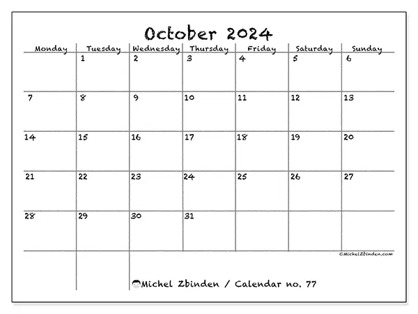 Free printable calendar no. 77 for October 2024. Week: Monday to Sunday.