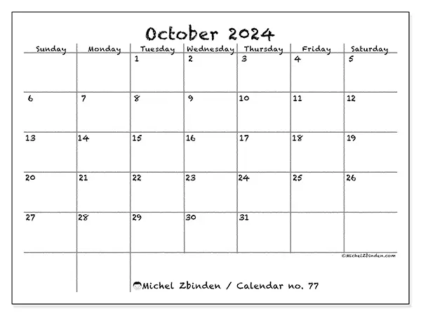 Free printable calendar no. 77 for October 2024. Week: Sunday to Saturday.