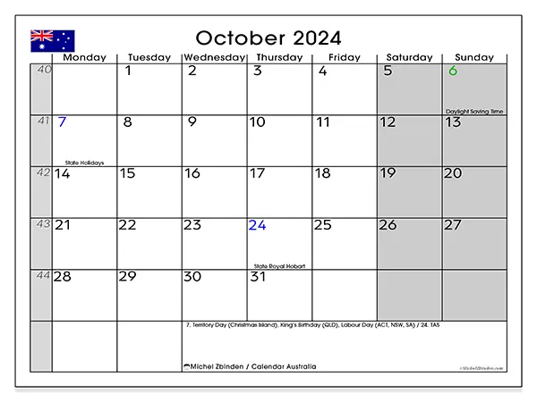 Free printable calendar Australia for October 2024. Week: Monday to Sunday.