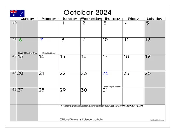 Free printable calendar Australia for October 2024. Week: Sunday to Saturday.