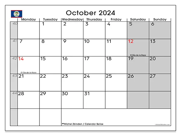 Free printable calendar Belize for October 2024. Week: Monday to Sunday.