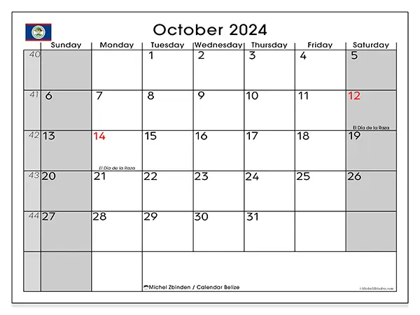 Free printable calendar Belize for October 2024. Week: Sunday to Saturday.