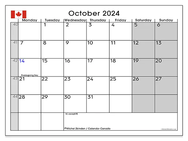 Free printable calendar Canada for October 2024. Week: Monday to Sunday.