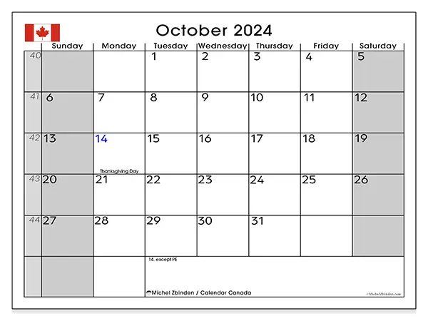 Free printable calendar Canada for October 2024. Week: Sunday to Saturday.