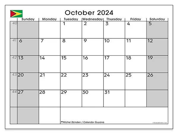 Free printable calendar Guyana for October 2024. Week: Sunday to Saturday.