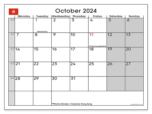 Free printable calendar Hong Kong for October 2024. Week: Monday to Sunday.