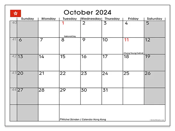 Free printable calendar Hong Kong for October 2024. Week: Sunday to Saturday.