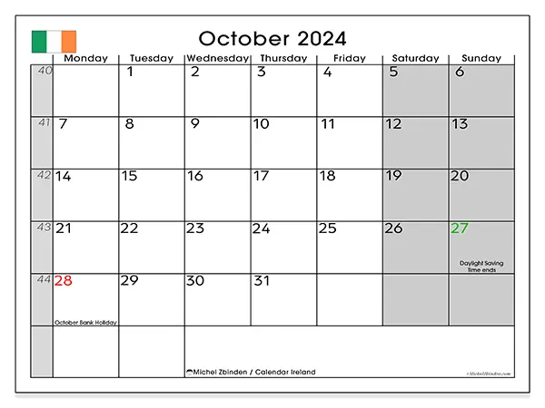 Free printable calendar Ireland for October 2024. Week: Monday to Sunday.