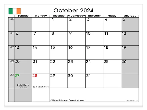 Free printable calendar Ireland for October 2024. Week: Sunday to Saturday.