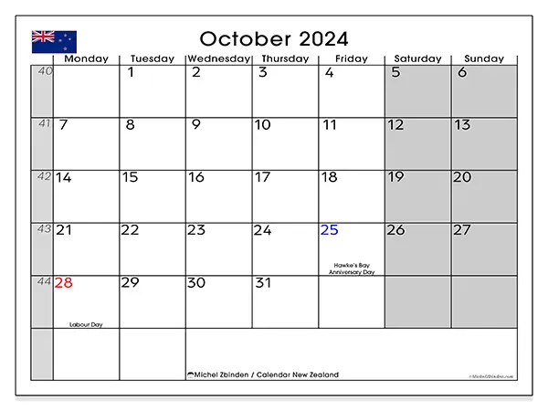 Free printable calendar New Zealand for October 2024. Week: Monday to Sunday.