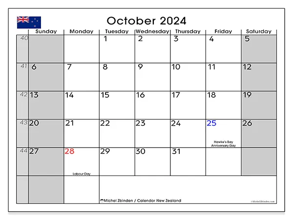 Free printable calendar New Zealand for October 2024. Week: Sunday to Saturday.