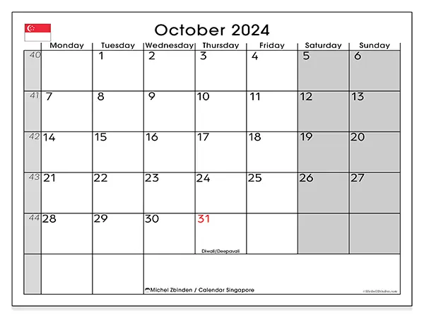 Free printable calendar Singapore for October 2024. Week: Monday to Sunday.