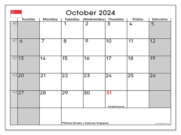 Free printable calendar Singapore for October 2024. Week: Sunday to Saturday.