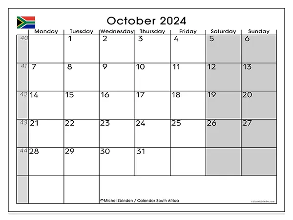Free printable calendar South Africa for October 2024. Week: Monday to Sunday.