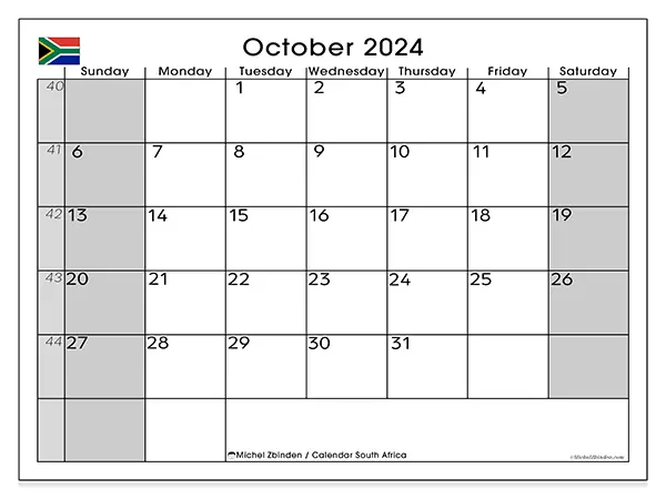 Free printable calendar South Africa for October 2024. Week: Sunday to Saturday.