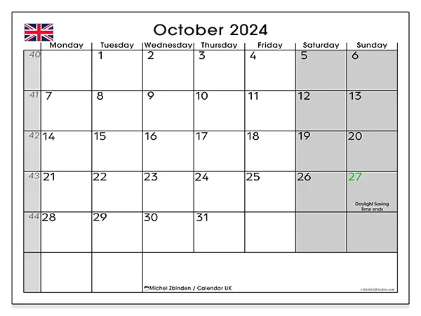 Free printable calendar UK for October 2024. Week: Monday to Sunday.