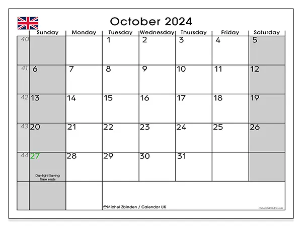Free printable calendar UK for October 2024. Week: Sunday to Saturday.