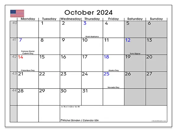 Free printable calendar USA for October 2024. Week: Monday to Sunday.