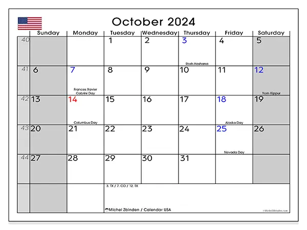 Free printable calendar USA for October 2024. Week: Sunday to Saturday.