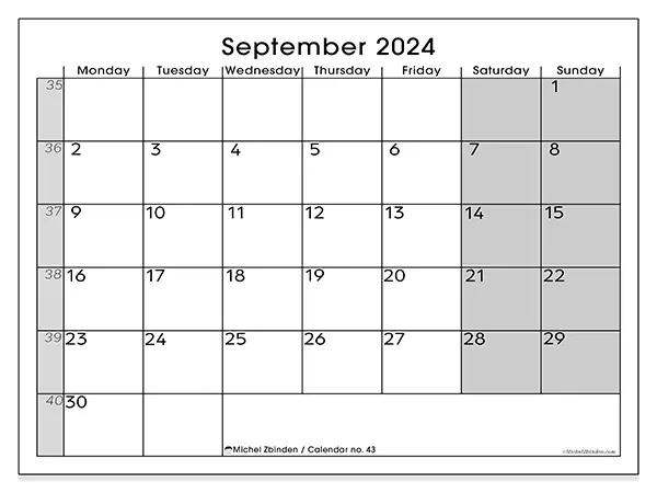 Free printable calendar n° 43 for September 2024. Week: Monday to Sunday.